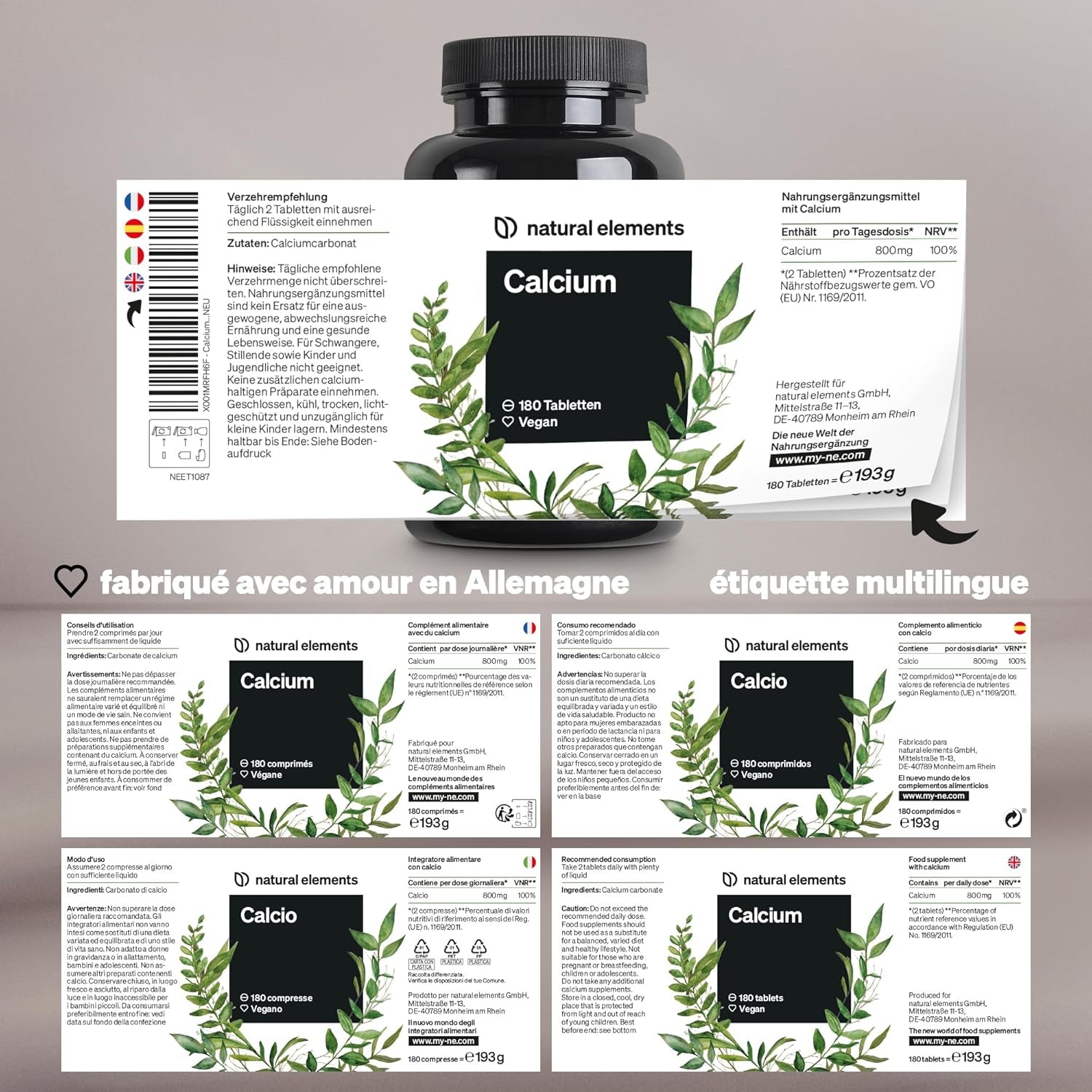 Calcium Vegan Highly Dosed Tablets – 180 Tablets – 800Mg of Calcium Carbonate per Daily Dose – No Adverse Additives – Made in Germany & Laboratory Tested